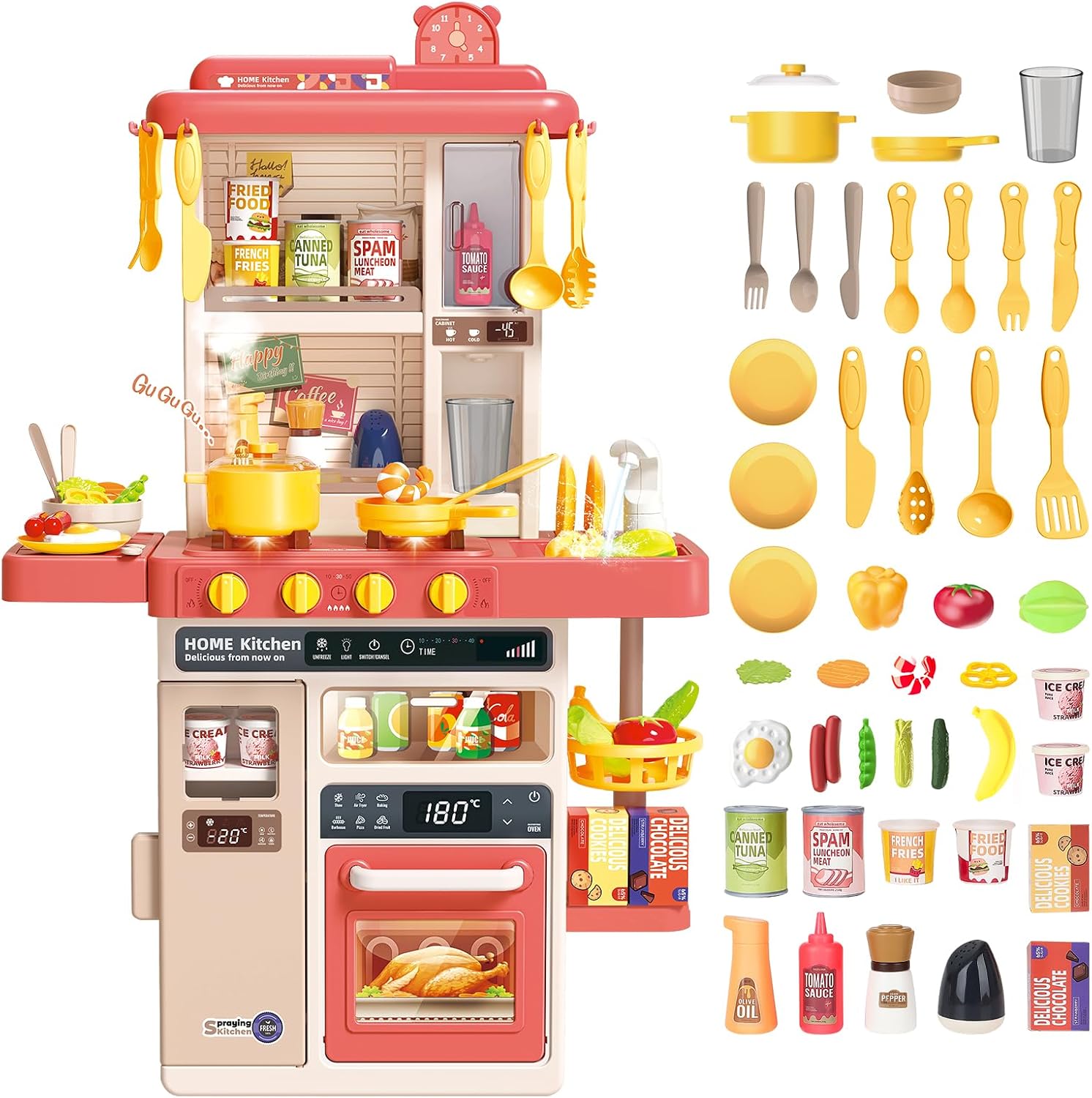Voxira-deAO Cuisine pour Enfants Interactive, 50PCS Accessoires Kitchen Toy | Rose
