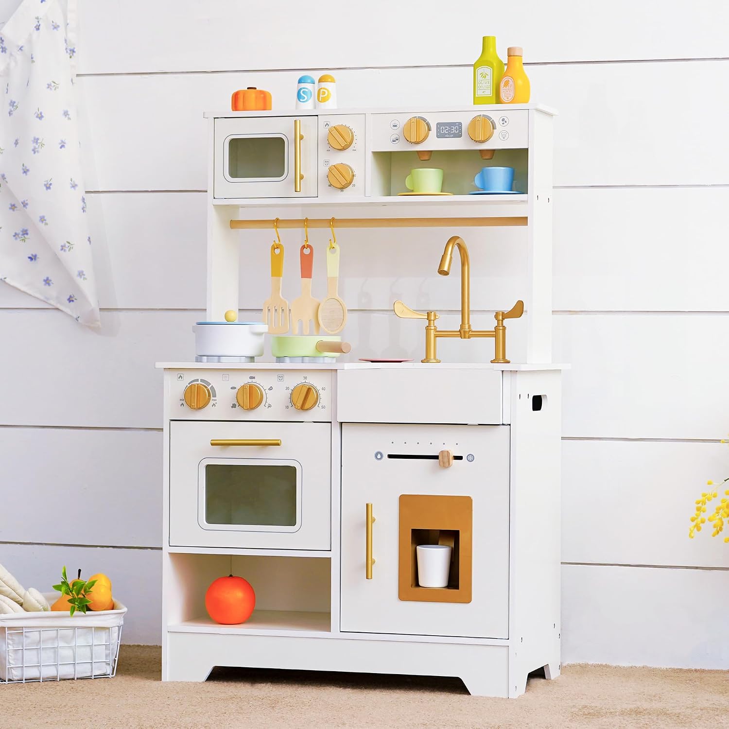 Voxira-Cuisine Enfant en Bois avec Distributeur Glaçons, Ustensiles et Rangements