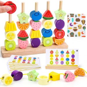 Voxira Jouet Montessori en Bois pour Enfants 2 3 4 5 Ans : Perles à Enfiler, Jeu de Tri et Empilage - Cadeau Éducatif Fille Garçon 2-5 Ans - Motricité Fine