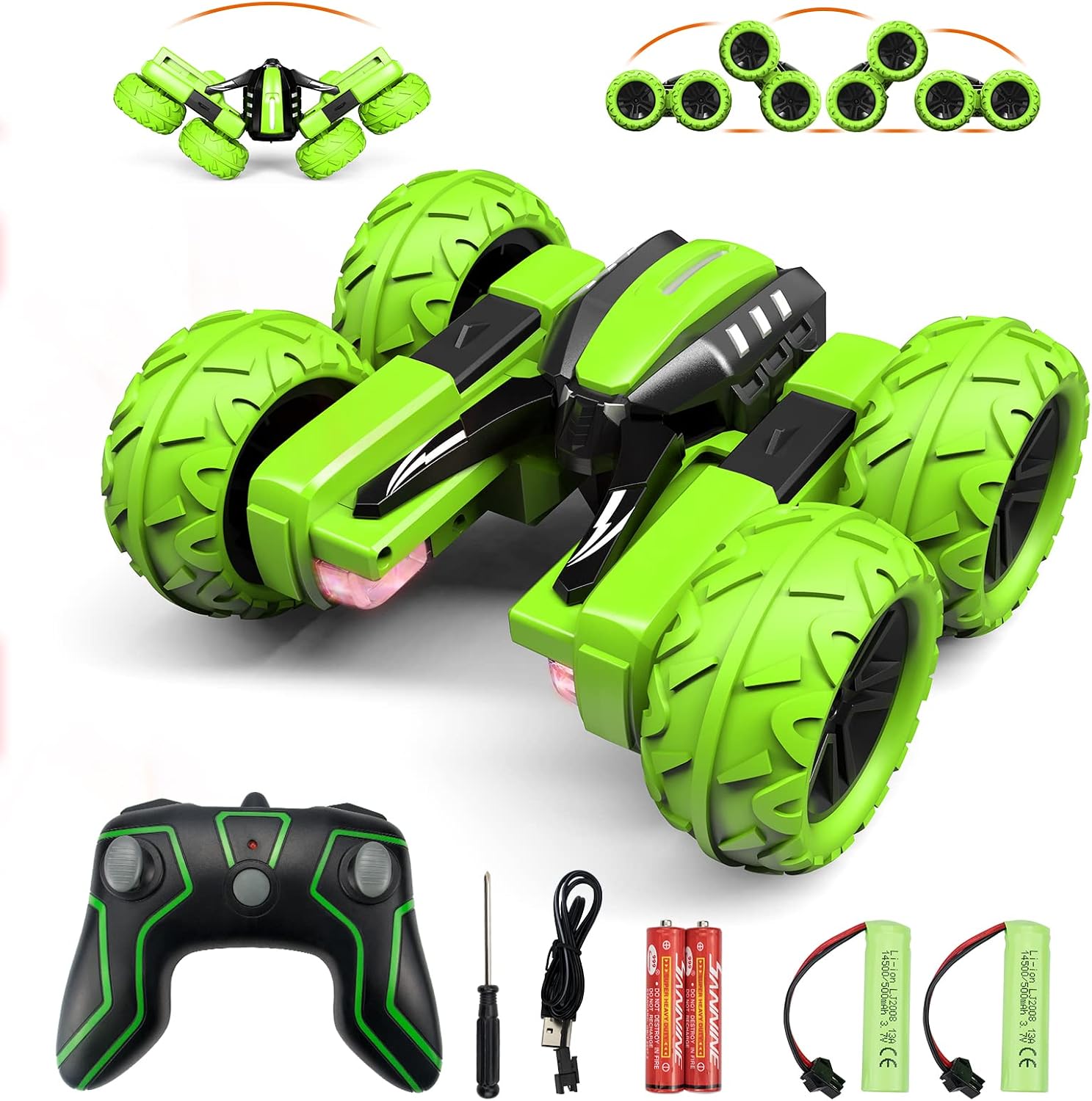 Voxira-Amicool RC Voiture Telecommandé Tout Terrain, 4WD 360°Rotation Stunt Car Offroad RC Véhicule avec LED, 2.4GHz Voiture Radiocommandee Crawlers pour Enfants 6-12 Ans G03080R(Vert)
