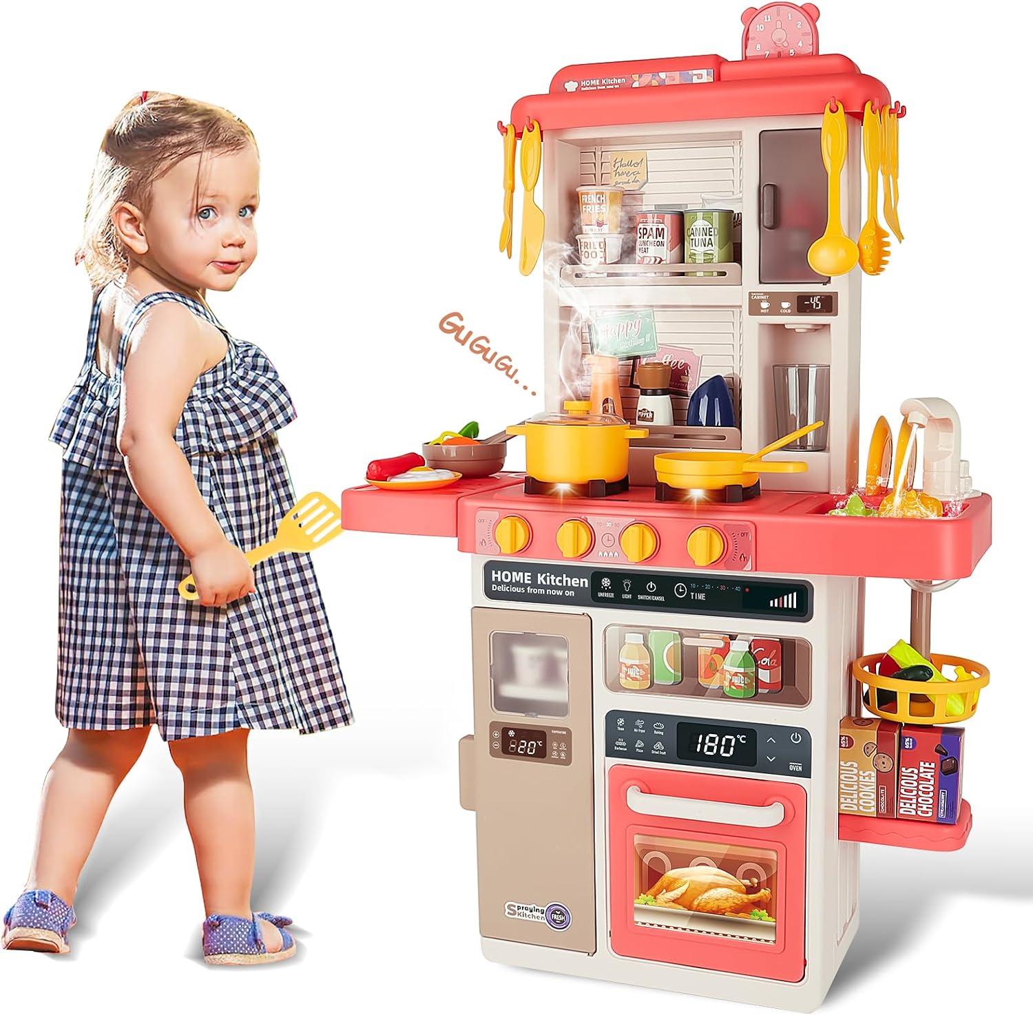 Voxira-deAO Cuisine pour Enfants Interactive, 50PCS Accessoires Kitchen Toy | Rose - Image 6
