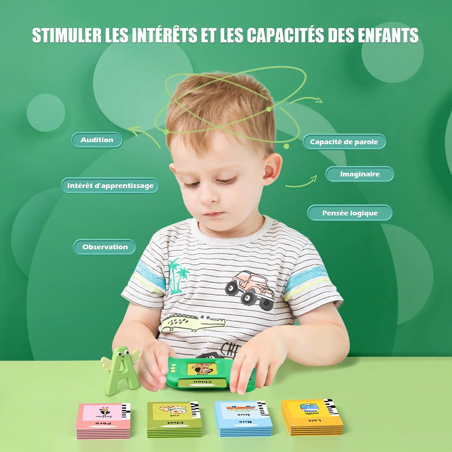 Voxira-Cartes Flash Parlantes Cartes éducatives pour Enfants Talking Flash Cards 112 Feuilles 224 Mots De 2 3 4 5 6 Ans Montessori Jouets éducatifs pour Enfants (Améliorer Vert Français) - Image 6
