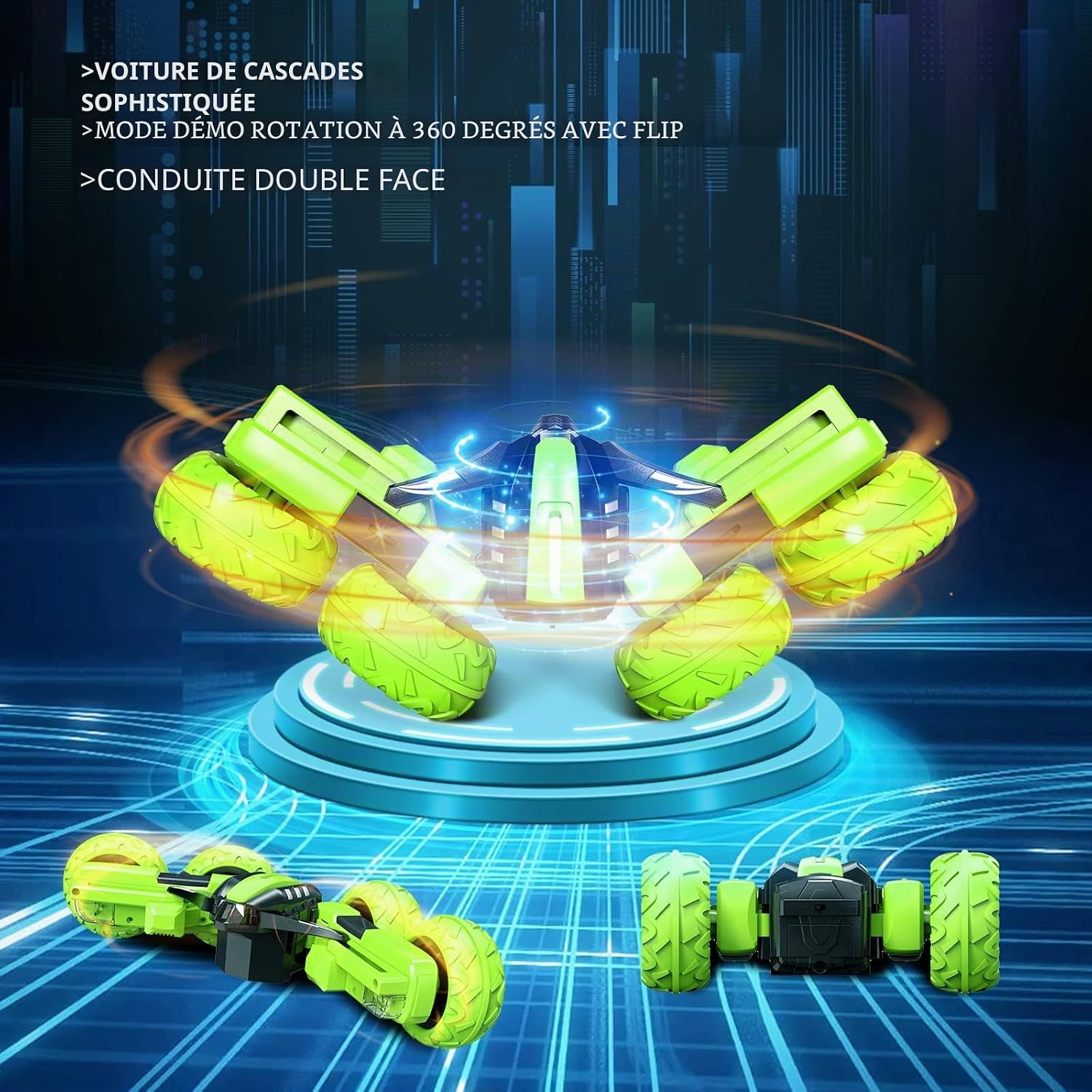 Voxira-Amicool RC Voiture Telecommandé Tout Terrain, 4WD 360°Rotation Stunt Car Offroad RC Véhicule avec LED, 2.4GHz Voiture Radiocommandee Crawlers pour Enfants 6-12 Ans G03080R(Vert) - Image 6