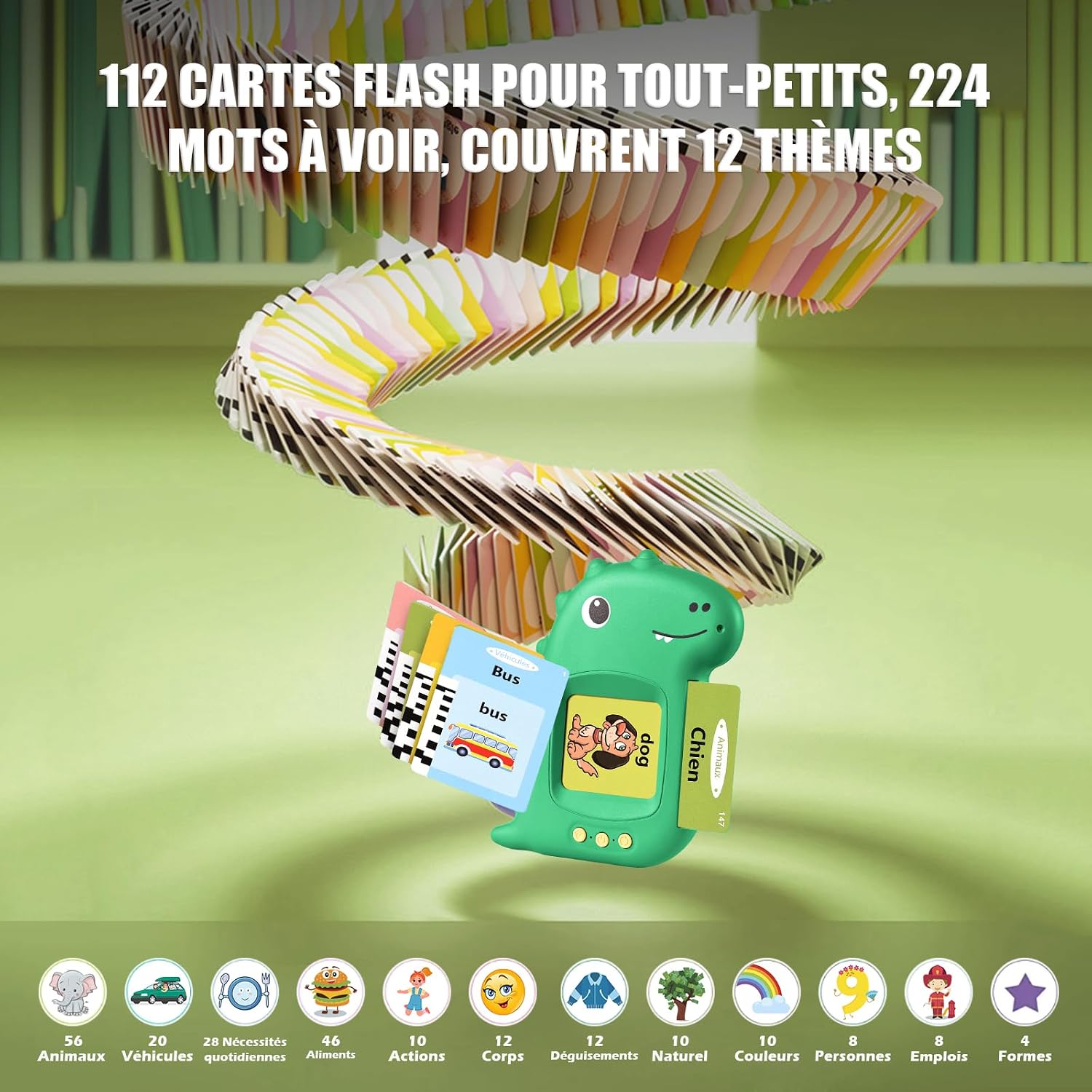 Voxira-Cartes Flash Parlantes Cartes éducatives pour Enfants Talking Flash Cards 112 Feuilles 224 Mots De 2 3 4 5 6 Ans Montessori Jouets éducatifs pour Enfants (Améliorer Vert Français) - Image 5