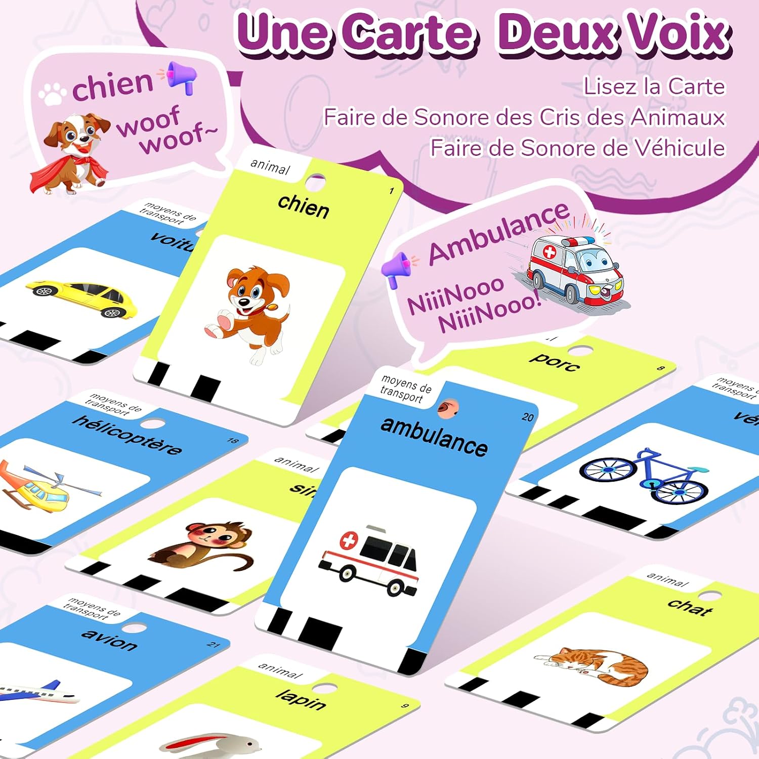 Voxira-420 Cartes Éducatives Parlantes, Jeu de Cartes Flash Montessori Français, Jeux Educatif Pédagogique avec Sons pour Jouet Enfants 3-6 Ans, pour Apprentissage Préscolaire 10 FR Chansons - Image 4