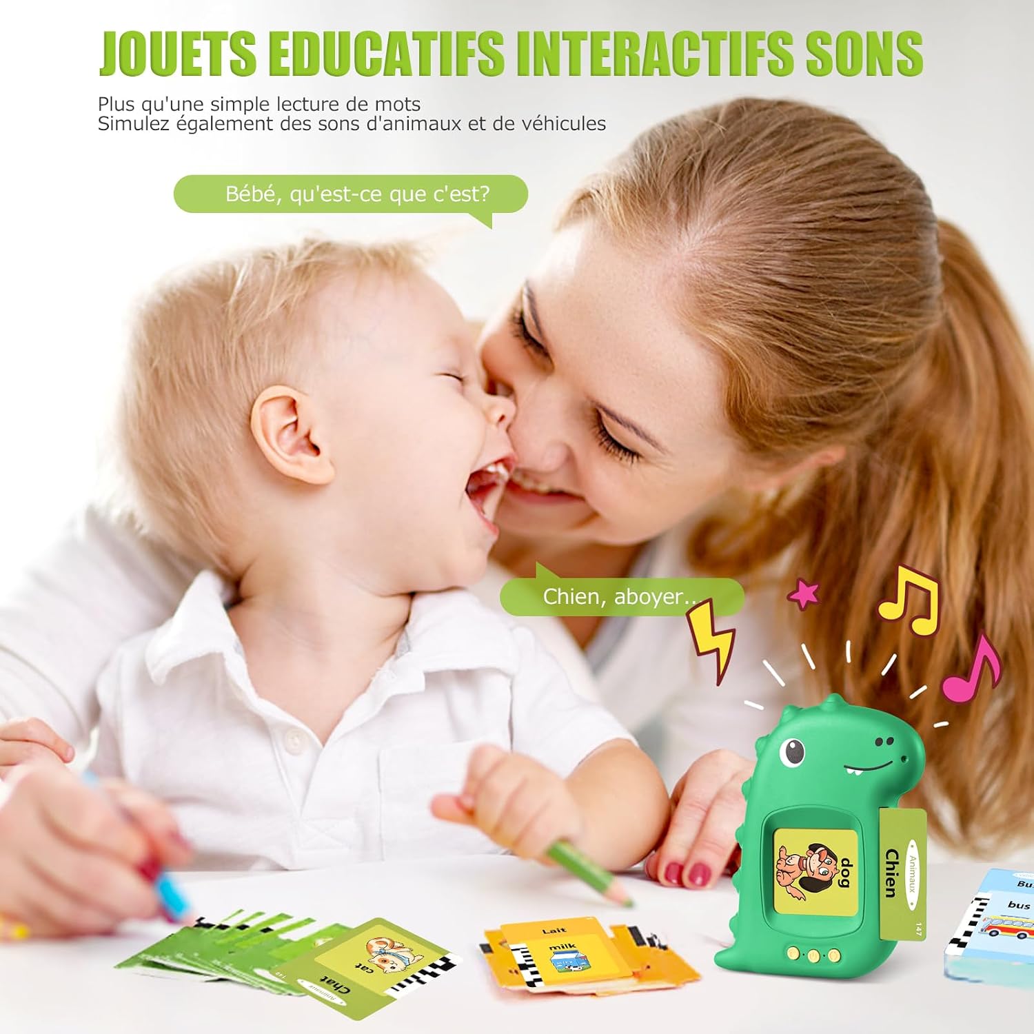 Voxira-Cartes Flash Parlantes Cartes éducatives pour Enfants Talking Flash Cards 112 Feuilles 224 Mots De 2 3 4 5 6 Ans Montessori Jouets éducatifs pour Enfants (Améliorer Vert Français) - Image 4