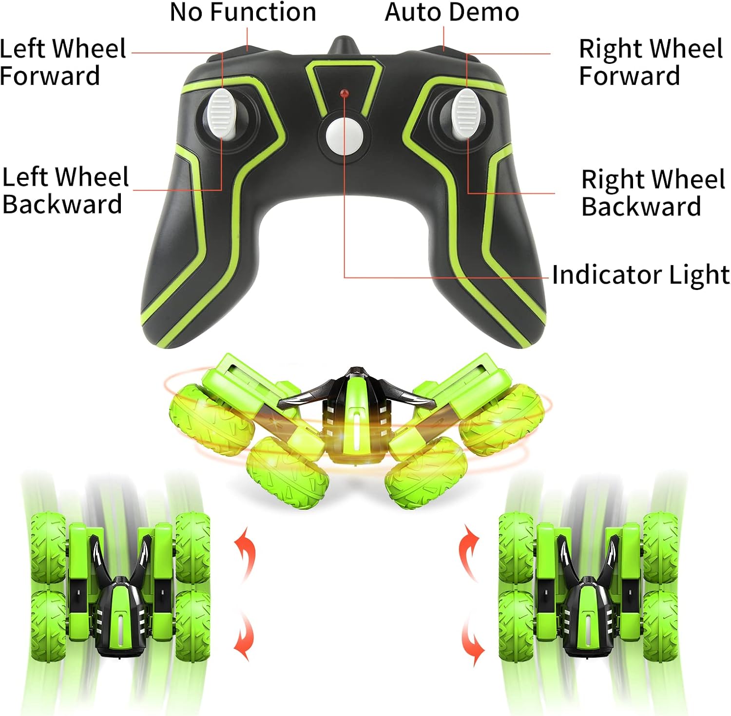 Voxira-Amicool RC Voiture Telecommandé Tout Terrain, 4WD 360°Rotation Stunt Car Offroad RC Véhicule avec LED, 2.4GHz Voiture Radiocommandee Crawlers pour Enfants 6-12 Ans G03080R(Vert) - Image 4