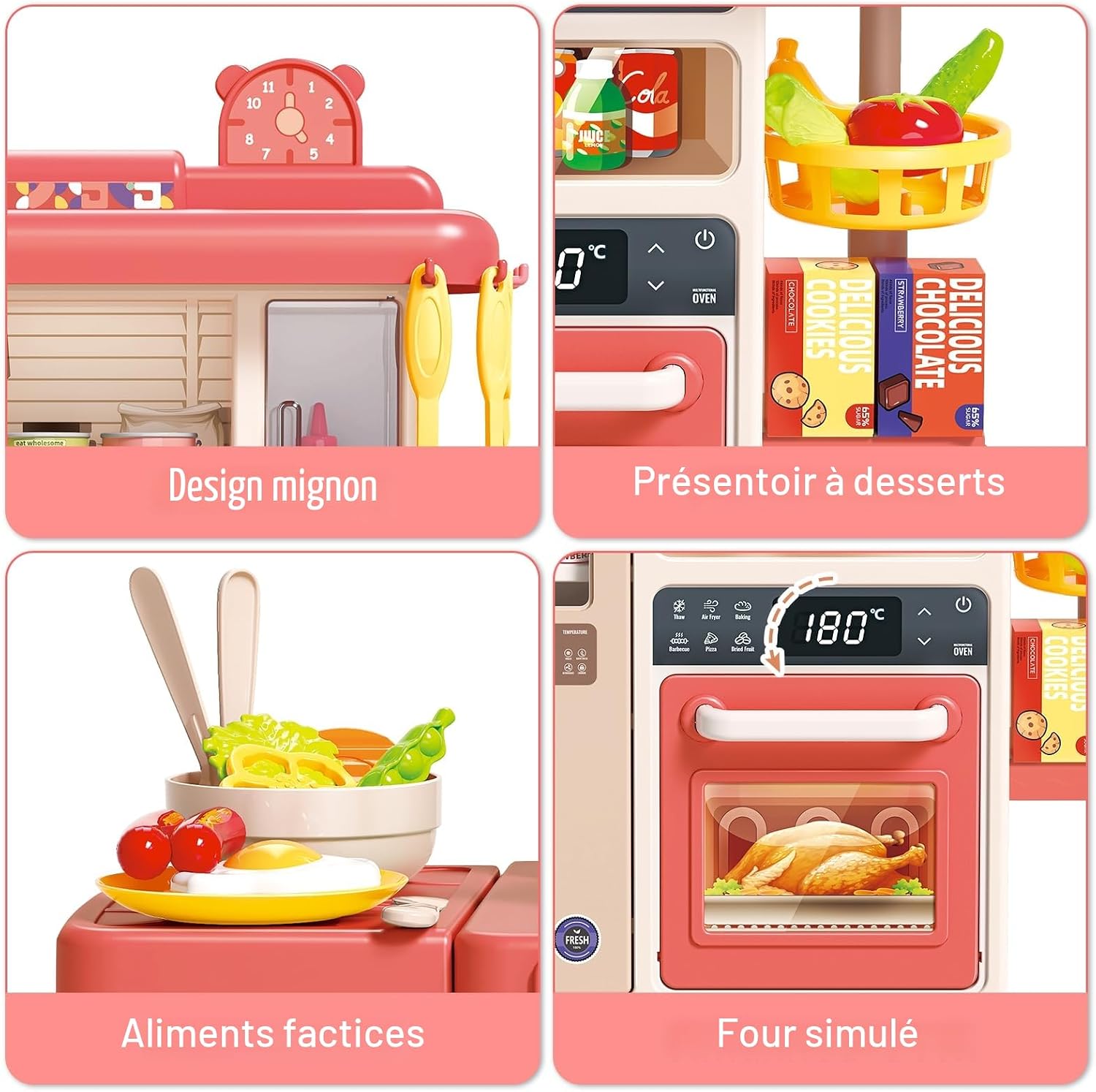 Voxira-deAO Cuisine pour Enfants Interactive, 50PCS Accessoires Kitchen Toy | Rose - Image 3