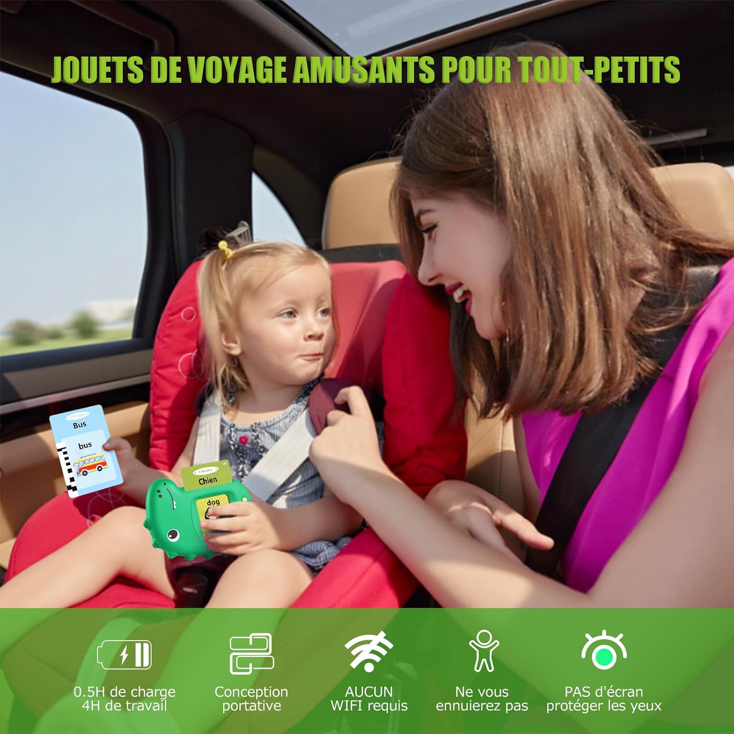 Voxira-Cartes Flash Parlantes Cartes éducatives pour Enfants Talking Flash Cards 112 Feuilles 224 Mots De 2 3 4 5 6 Ans Montessori Jouets éducatifs pour Enfants (Améliorer Vert Français) - Image 3