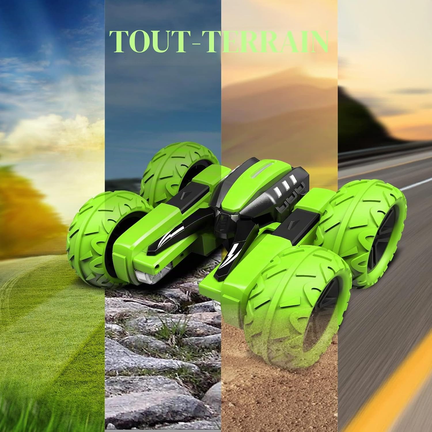 Voxira-Amicool RC Voiture Telecommandé Tout Terrain, 4WD 360°Rotation Stunt Car Offroad RC Véhicule avec LED, 2.4GHz Voiture Radiocommandee Crawlers pour Enfants 6-12 Ans G03080R(Vert) - Image 3