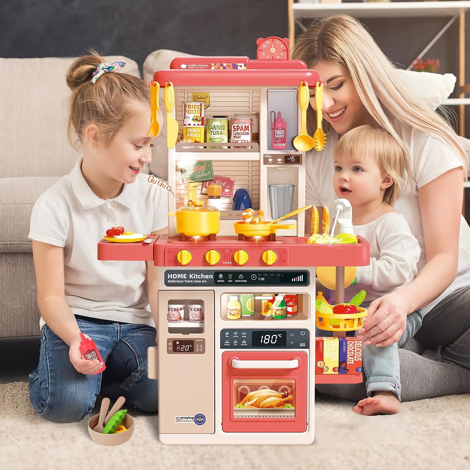 Voxira-deAO Cuisine pour Enfants Interactive, 50PCS Accessoires Kitchen Toy | Rose - Image 2