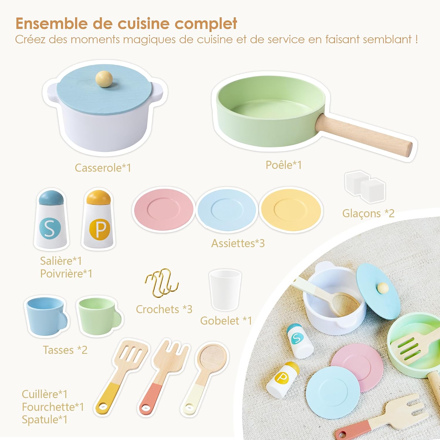 Voxira-Cuisine Enfant en Bois avec Distributeur Glaçons, Ustensiles et Rangements - Image 2