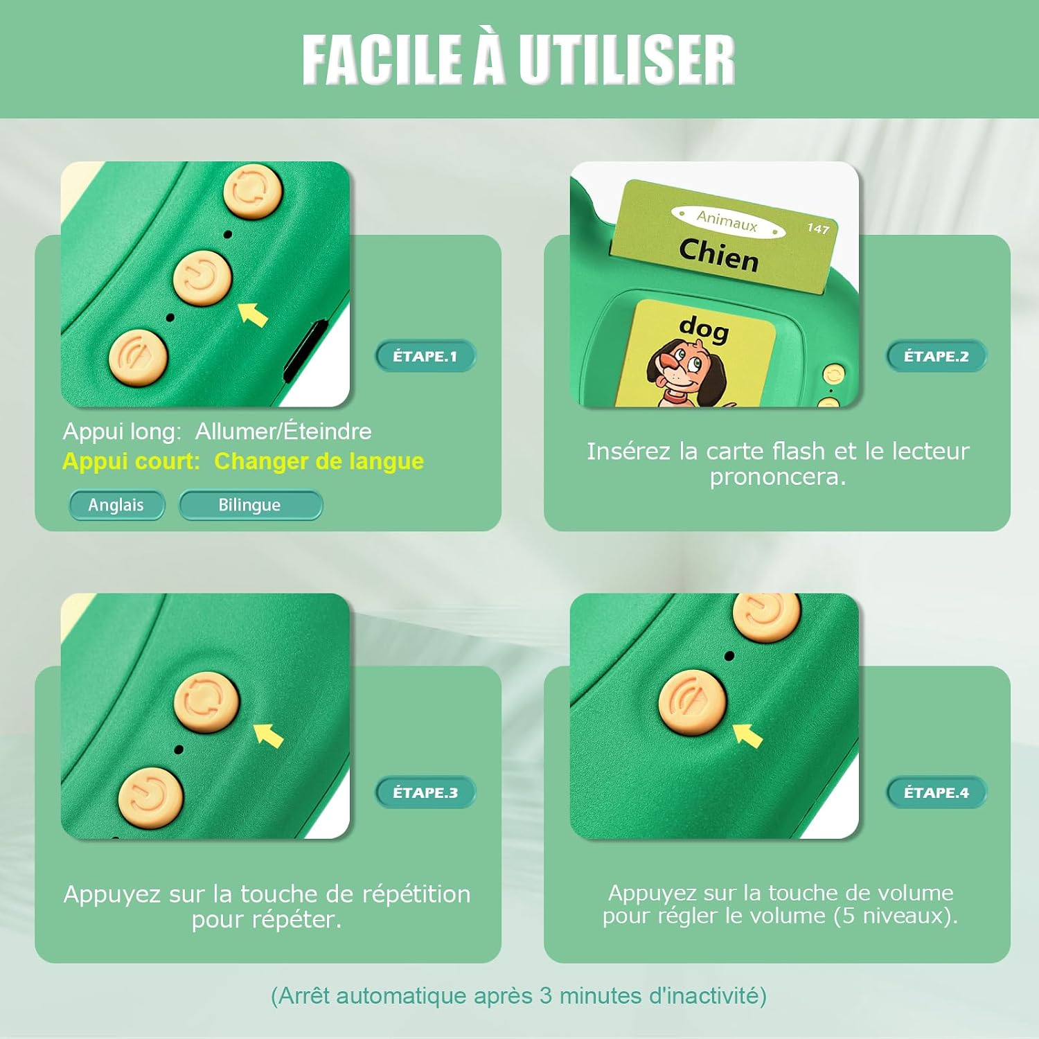 Voxira-Cartes Flash Parlantes Cartes éducatives pour Enfants Talking Flash Cards 112 Feuilles 224 Mots De 2 3 4 5 6 Ans Montessori Jouets éducatifs pour Enfants (Améliorer Vert Français) - Image 2