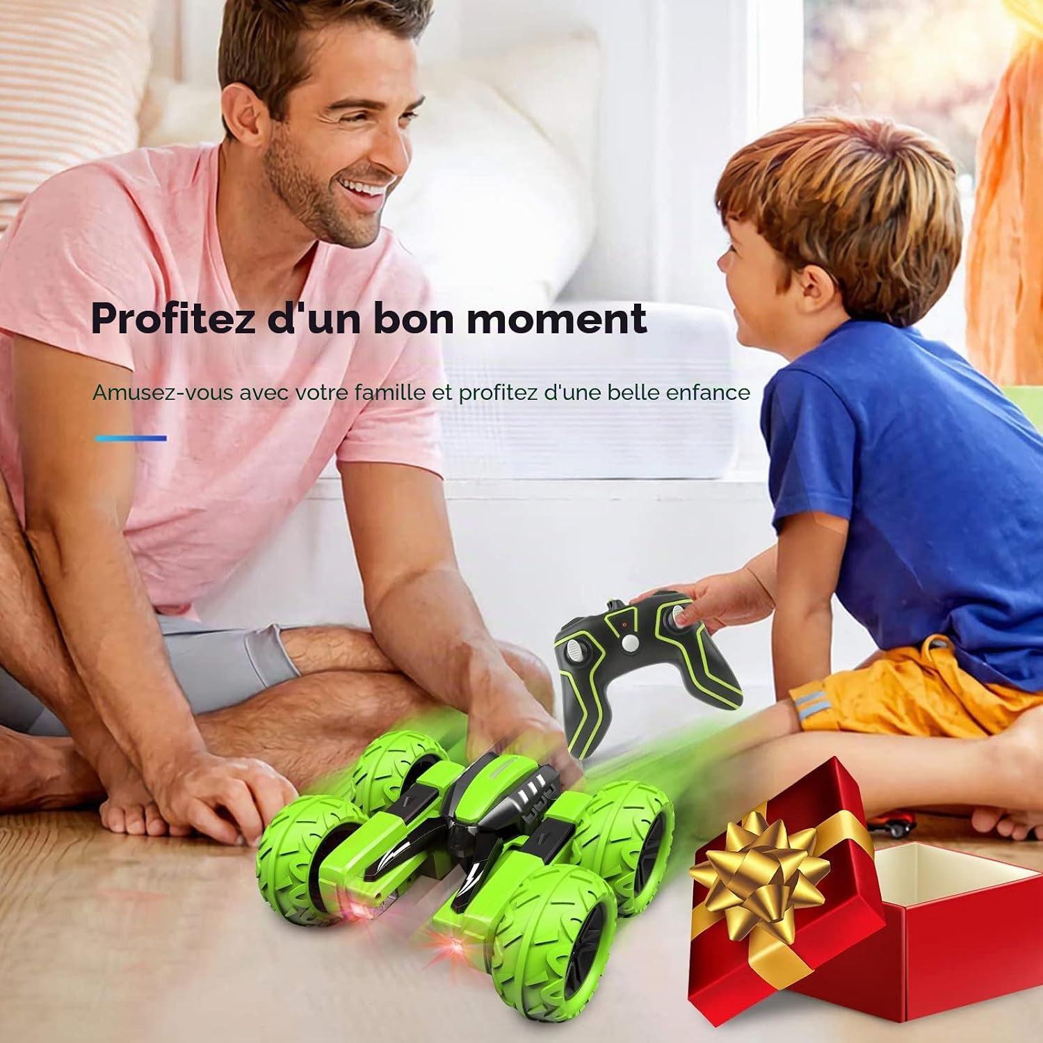 Voxira-Amicool RC Voiture Telecommandé Tout Terrain, 4WD 360°Rotation Stunt Car Offroad RC Véhicule avec LED, 2.4GHz Voiture Radiocommandee Crawlers pour Enfants 6-12 Ans G03080R(Vert) - Image 2